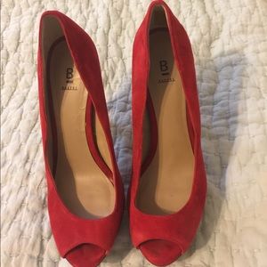 Red Suede Bakers Peep-Toe Heels. 6.5